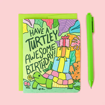 Turtle Soups Birthday Card, Turtley Awesome features a turtle with gifts on recycled paper. Includes pen & envelope.
