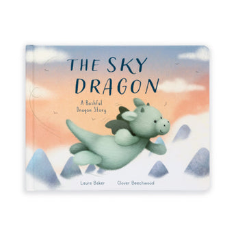 Jellycats The Sky Dragon Book is an illustrated hardback featuring a cute green dragon flying over mountains under a pastel sky.