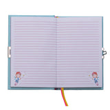 Open your Floss and Rock Scented Secret Diary, Rainbow Fairy, with lined pages and pink/yellow ribbons.