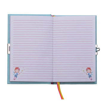 Open your Floss and Rock Scented Secret Diary, Rainbow Fairy, with lined pages and pink/yellow ribbons.