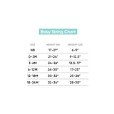 Check the Copper Pearl sizing chart for the Blitz bodysuit: NB-24M sizes, with height in inches and weight in pounds.