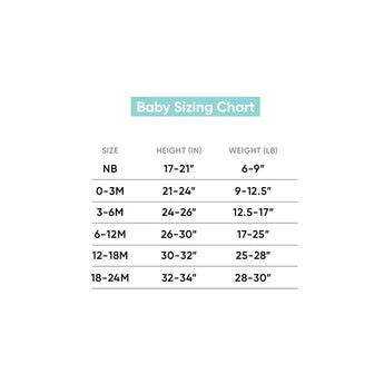 Check the Copper Pearl sizing chart for the Blitz bodysuit: NB-24M sizes, with height in inches and weight in pounds.