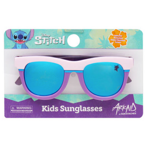 Sunstaches Arkaid Sunglasses: UV-protected, blue lenses; purple/white frames; fun Stitch design packaging.