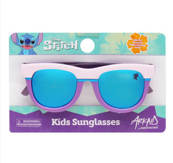Sunstaches Arkaid Sunglasses: UV-protected, blue lenses; purple/white frames; fun Stitch design packaging.