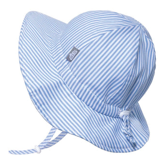 Jan and Juls Sun Hat in Blue Stripes features a wide brim, Gro-With-Me® adjustable chin strap, and a small logo tag for chic protection.