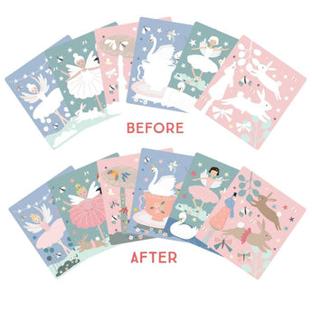 Colorful childrens illustrations with fairies and animals: before five cards, after the magic of Floss and Rocks Enchanted Watercard Easel.