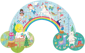 The 80 Piece Puzzle, Rainbow Fairy by Floss and Rock features animals and unicorns, enhancing hand-eye coordination in a vivid scene.
