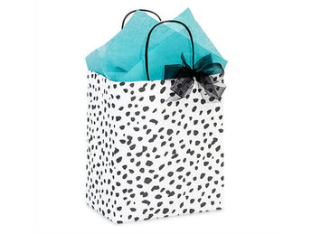 Zoolikins Gift Wrapping: White bag with black spots, turquoise tissue paper, and black bow—ideal for greeting card gifts.