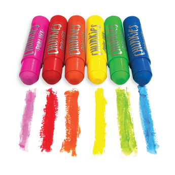 OOLYs Chunkies Paint Sticks set includes 6 vibrant colors with swatches: pink, red, orange, yellow, green & blue. Ideal for arts & crafts.