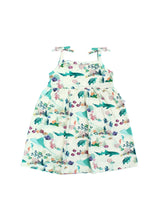 Emerson and Friends Sundress, Coral Reef: sleeveless white girls’ dress with colorful fish, sharks, and shoulder ties.