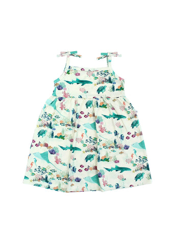 Emerson and Friends Sundress, Coral Reef: sleeveless white girls’ dress with colorful fish, sharks, and shoulder ties.