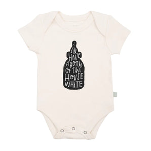 Finn and Emmas Organic Bodysuit, House White features a cute wine bottle graphic with the text Ill have a bottle of the house white.