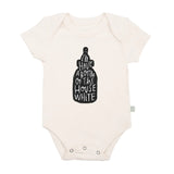 Finn and Emmas Organic Bodysuit, House White features a cute wine bottle graphic with the text Ill have a bottle of the house white.