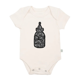 Finn and Emmas Organic Bodysuit, House White features a cute wine bottle graphic with the text Ill have a bottle of the house white.