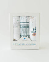 Little Unicorn Cotton Swaddle Set, Bison: 3 breathable cotton muslin blankets with charming stripes and plant patterns.