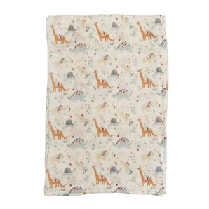 The LouLou Lollipop Muslin Swaddle, Baby Dinomite features giraffes, birds, and flowers on a light bamboo muslin fabric.