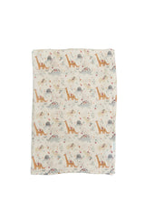 The LouLou Lollipop Muslin Swaddle, Baby Dinomite features giraffes, birds, and flowers on a light bamboo muslin fabric.