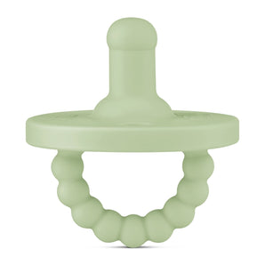 The Round Pacifier and Teether in Sage by Ryan & Rose is a medical-grade silicone toy with a round, textured handle and knobbed top.