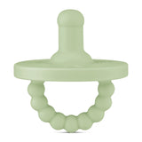 The Round Pacifier and Teether in Sage by Ryan & Rose is a medical-grade silicone toy with a round, textured handle and knobbed top.