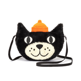 Jellycat Bag: A plush black cat with liquorice fur, orange hat, smiley face & long cross-body strap from Jellycat.
