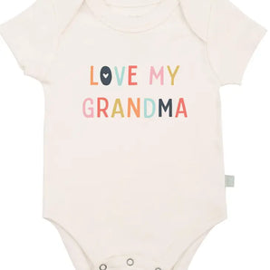 Finn and Emmas Organic Bodysuit, Love Grandma, in cream, features eco-friendly dyes and organic cotton.