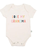 Finn and Emmas Organic Bodysuit, Love Grandma, in cream, features eco-friendly dyes and organic cotton.