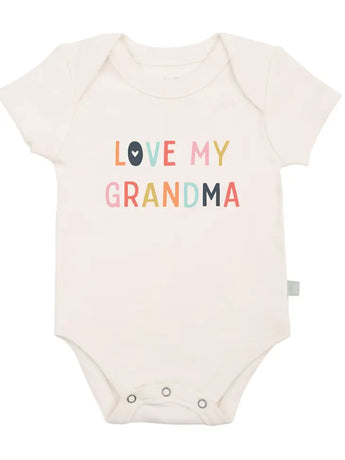 Finn and Emmas Organic Bodysuit, Love Grandma, in cream, features eco-friendly dyes and organic cotton.