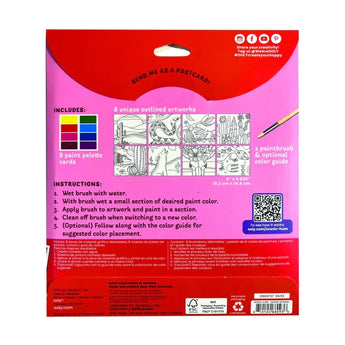 The back of the OOLY Desert Getaway DIY Watercolor Kit shows contents, 8 outlined artworks, instructions & social media icons on pink.