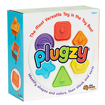 The Plugzy Shape Learning Toy by Fat Brain Toy Co helps kids 10 months+ enhance shape learning and motor skills with bright pieces.