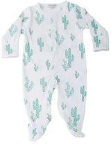Noomies Footie: Soft Pima cotton onesie, green cactus print, footed with long sleeves for extra comfort.