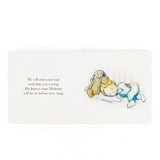 A page from Jellycats The Magic Bunny Book shows a child sleeping with comforting words about a parent arriving soon.