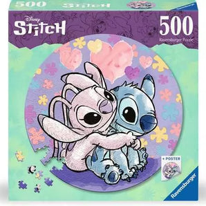 500 Piece Puzzle, Stitch: teal box with photo of pastel puzzle with 2 cartoon characters. Text "Disney Stitch 500 Ravensburger Puzzle."