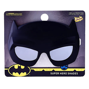 Sunstaches Lil Characters Sunglasses, Batman: Black mask with bat ears, UV400 protection on a themed card labeled Super Hero Shades.
