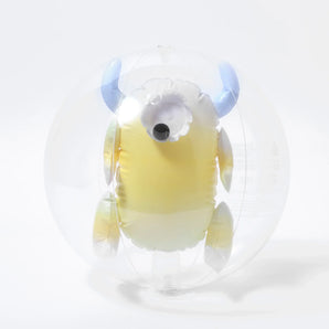 Meet Monty the Monster from Sunnylife: a clear, non-toxic PVC beach ball with a 3D yellow monster, one eye, and blue horns.