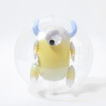 Meet Monty the Monster from Sunnylife: a clear, non-toxic PVC beach ball with a 3D yellow monster, one eye, and blue horns.