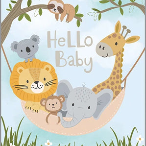 Gina B Designs Baby Card, Animal Hammock, features cute animals under a tree with Hello Baby text—ideal for a playful greeting!.