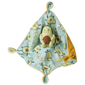 The Mary Meyer Sweet Soothie Blanket in Avocado is machine washable with an avocado print and a plush character at the center.