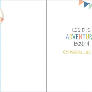 Greeting card by Gina B Designs: A lion in a balloon above a panda, with glittering flags saying, Let the adventures begin! Congratulations.