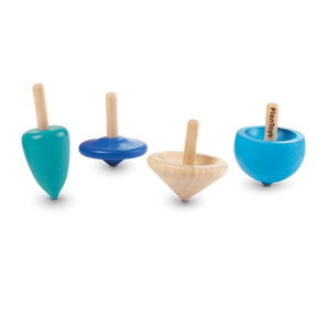 Four colorful PlanToys Spinning Tops, sustainably made, displayed in a line against a white background.