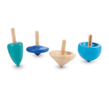 Four colorful PlanToys Spinning Tops, sustainably made, displayed in a line against a white background.