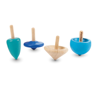 Four colorful PlanToys Spinning Tops, sustainably made, displayed in a line against a white background.