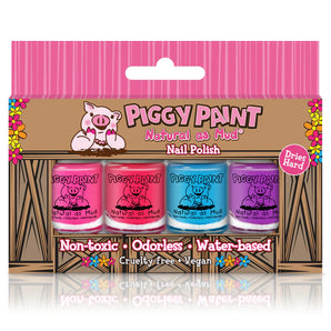 The Piggy Paint 4 Polish Box Set offers non-toxic, odorless mini polishes in vibrant pink, red, and purple shades.