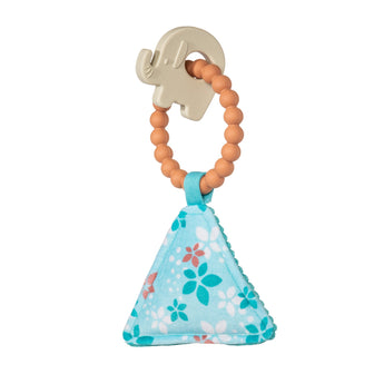 Mary Meyers Soft Squeaker, Elephant: A non-toxic, food-grade silicone teething ring with bead circle, beige elephant charm & blue floral cloth.