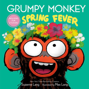 Product: Grumpy Monkey Spring Fever Hardcover by Random House features a joyful monkey with flower crown and fun stickers. Perfect picture book!.