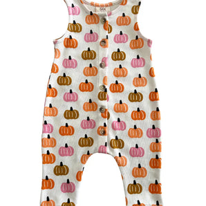 SIIX Collections Organic Jumpsuit, Pink Pumpkin Patch features orange, pink, and brown pumpkins on white. Made in India.