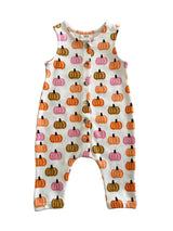 SIIX Collections Organic Jumpsuit, Pink Pumpkin Patch features orange, pink, and brown pumpkins on white. Made in India.