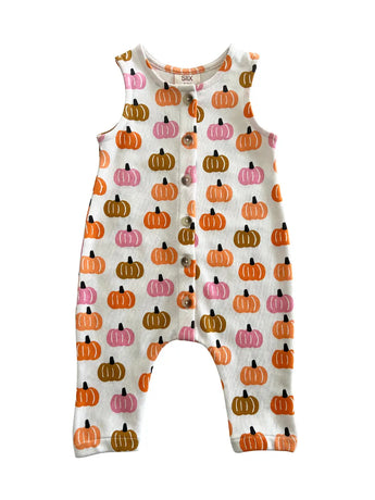 SIIX Collections Organic Jumpsuit, Pink Pumpkin Patch features orange, pink, and brown pumpkins on white. Made in India.