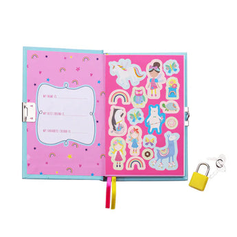 Open the Floss and Rock Scented Secret Diary, Rainbow Fairy with prompts, unicorn stickers, padlock & key. Includes delightful scent.