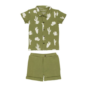 Lovedbabys Sage Cactus set: organic, eco-dyed green short-sleeve shirt & matching shorts with white cactus print.