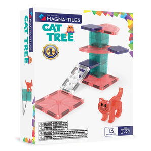 Magna-Tiles Cat Tree: white box with photo of blue & pink cat tree magnetic tile toys; text "The Original Magna-Tiles Cat Tree."